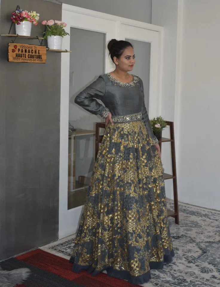 Pleasant Partywear Grey Color Gown with a Detachable Belt