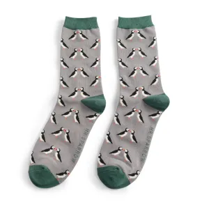 Puffins Bamboo Socks in Grey by Mr Heron, Size UK 7-11