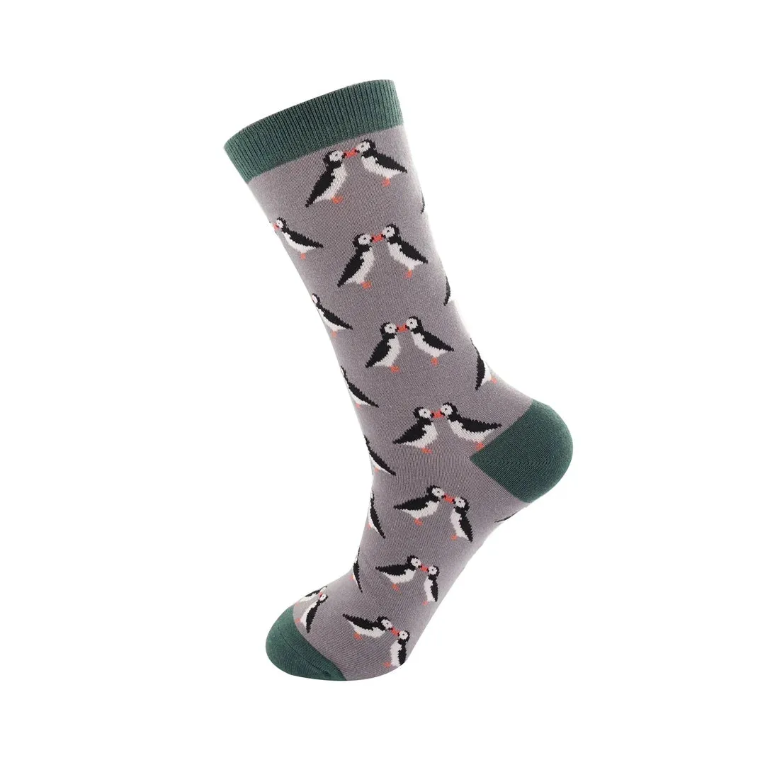 Puffins Bamboo Socks in Grey by Mr Heron, Size UK 7-11