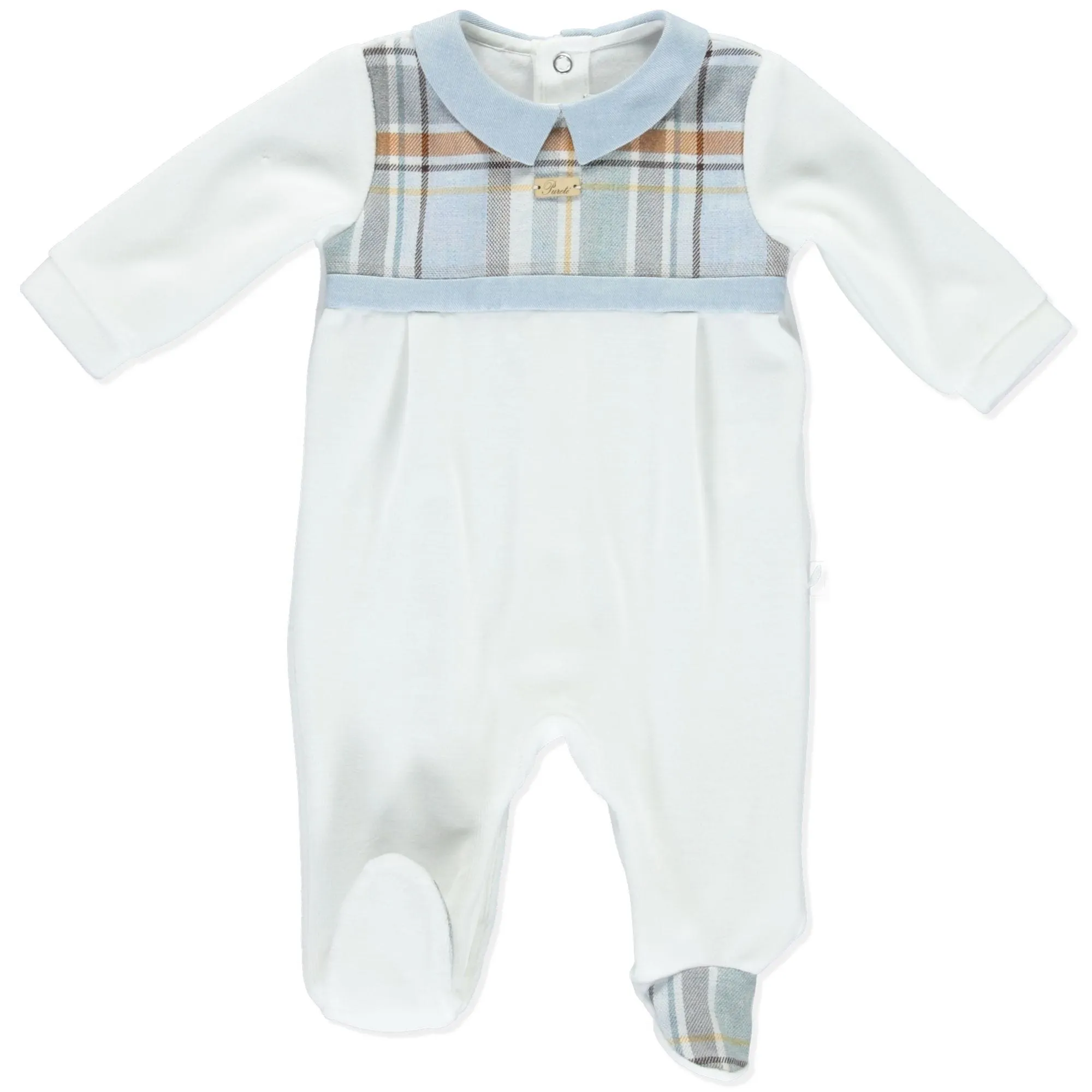 PURETÉ - Tartan Collar Velour Babygrow - White