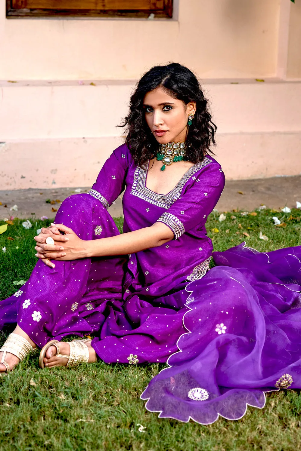Purple Embroidered Sharara Set With Gota Patti And Nakkshi Work