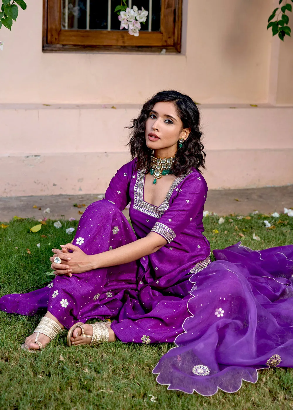 Purple Embroidered Sharara Set With Gota Patti And Nakkshi Work