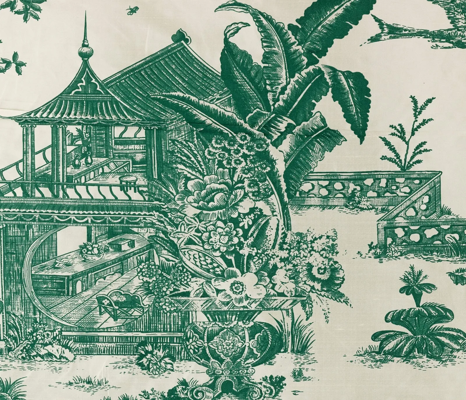 Quadrille Fabric: Paradise Engraving - Custom Dark Green on Cream Silk Taffeta