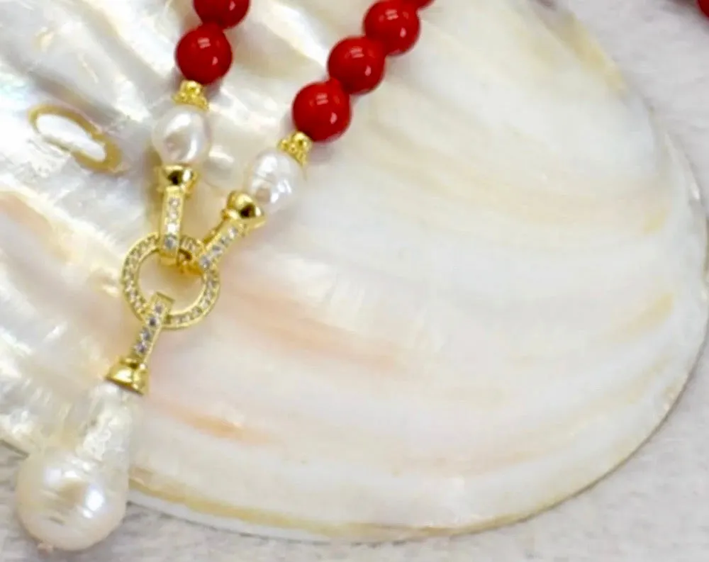Rare Keshi Pearl and Red Gemstone Double-Knotted Statement Necklace 18"