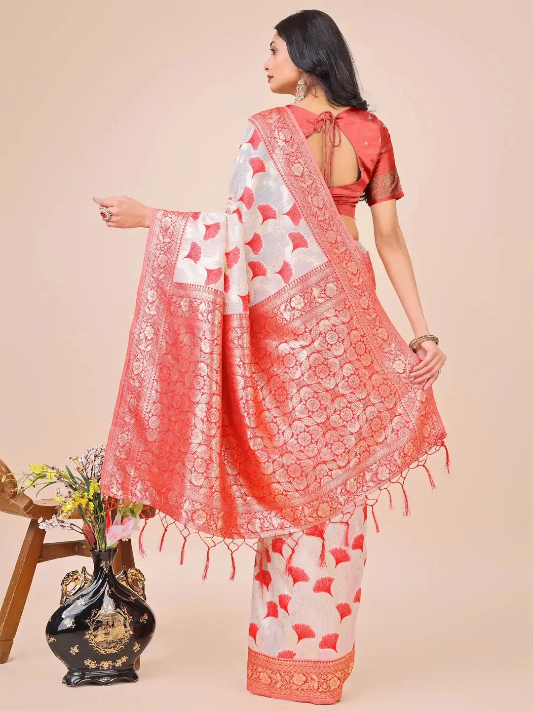 Red Linen Cotton Saree