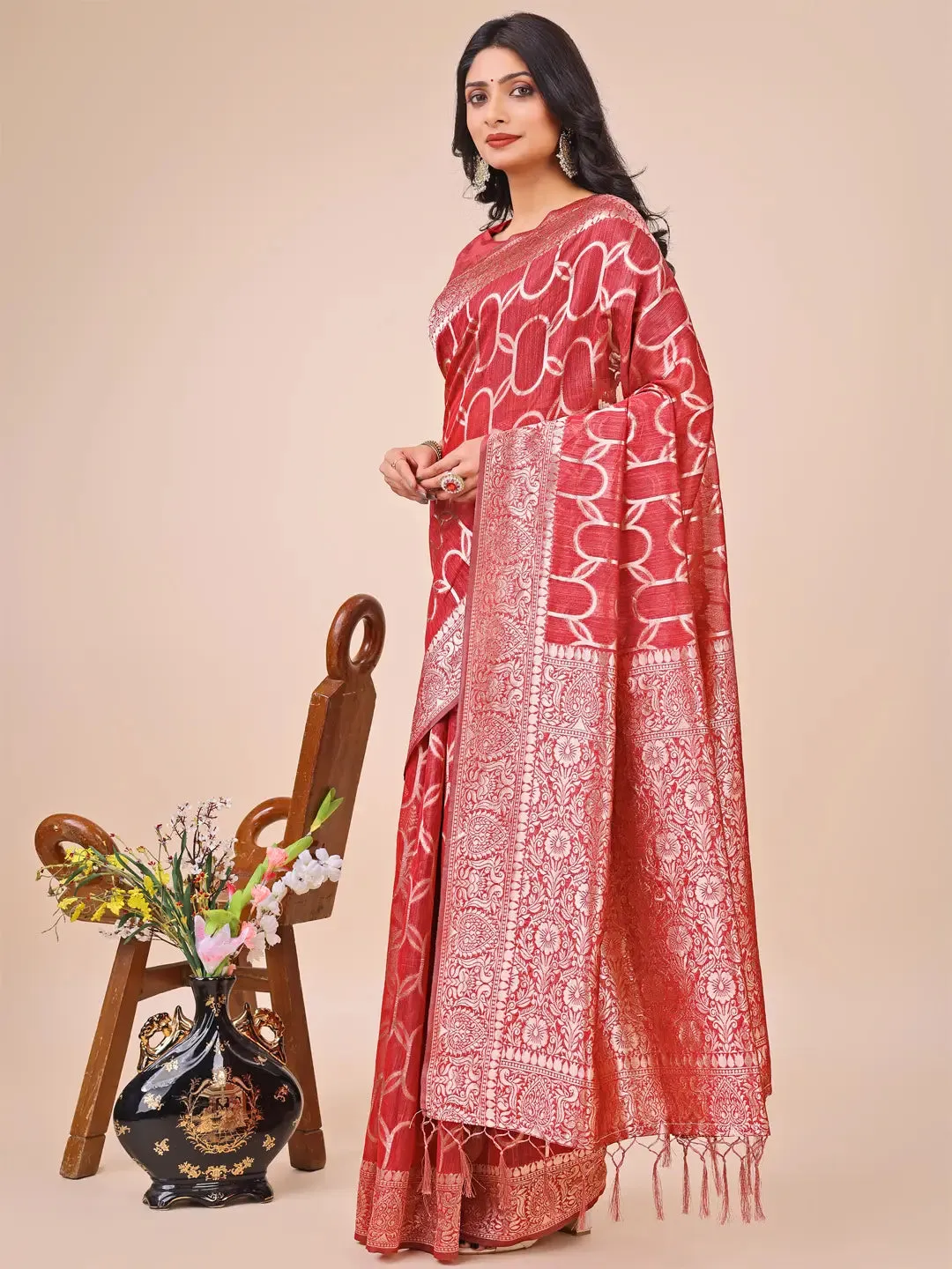 Red Linen Cotton Saree