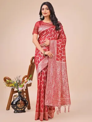 Red Linen Cotton Saree