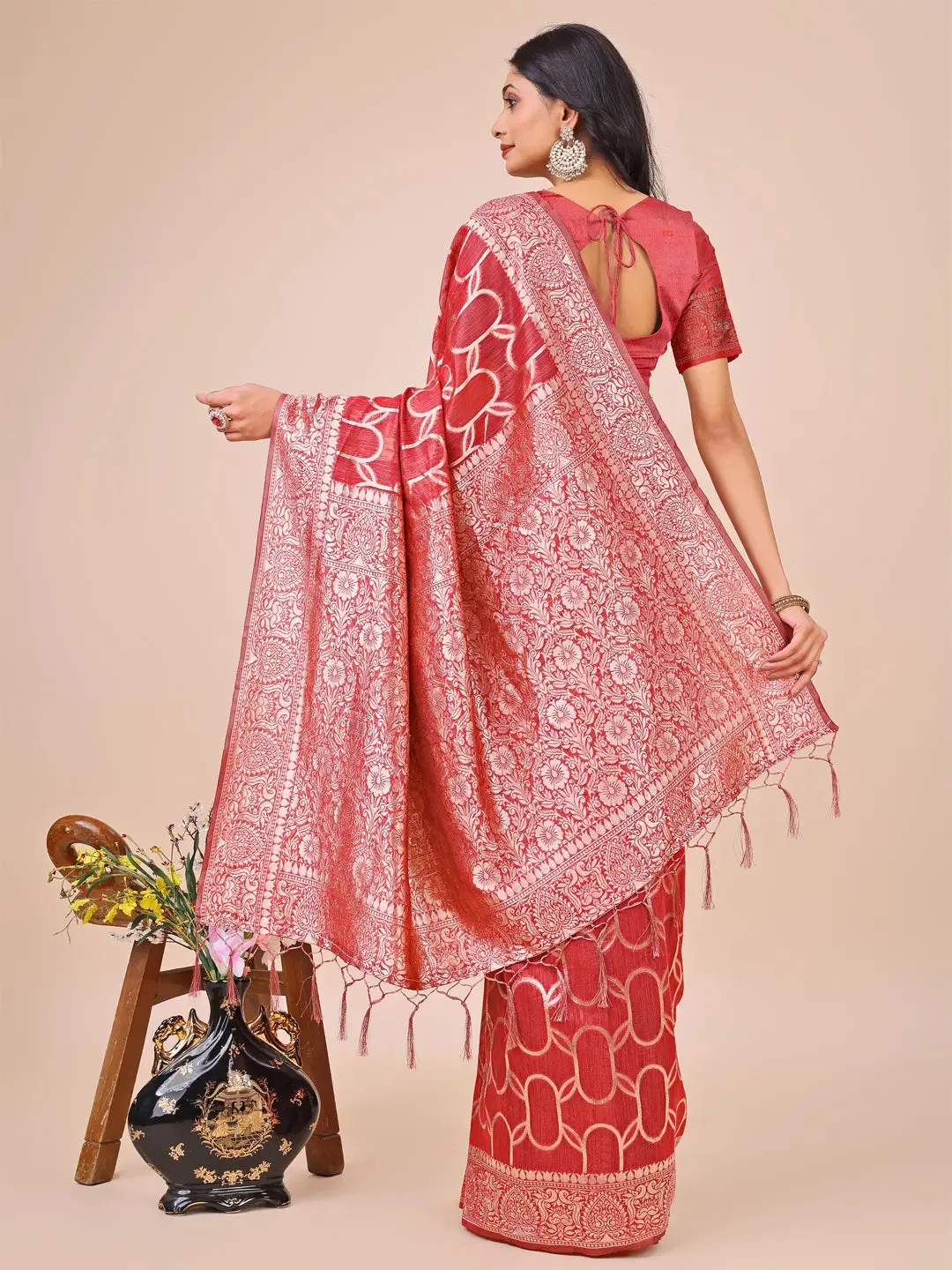 Red Linen Cotton Saree