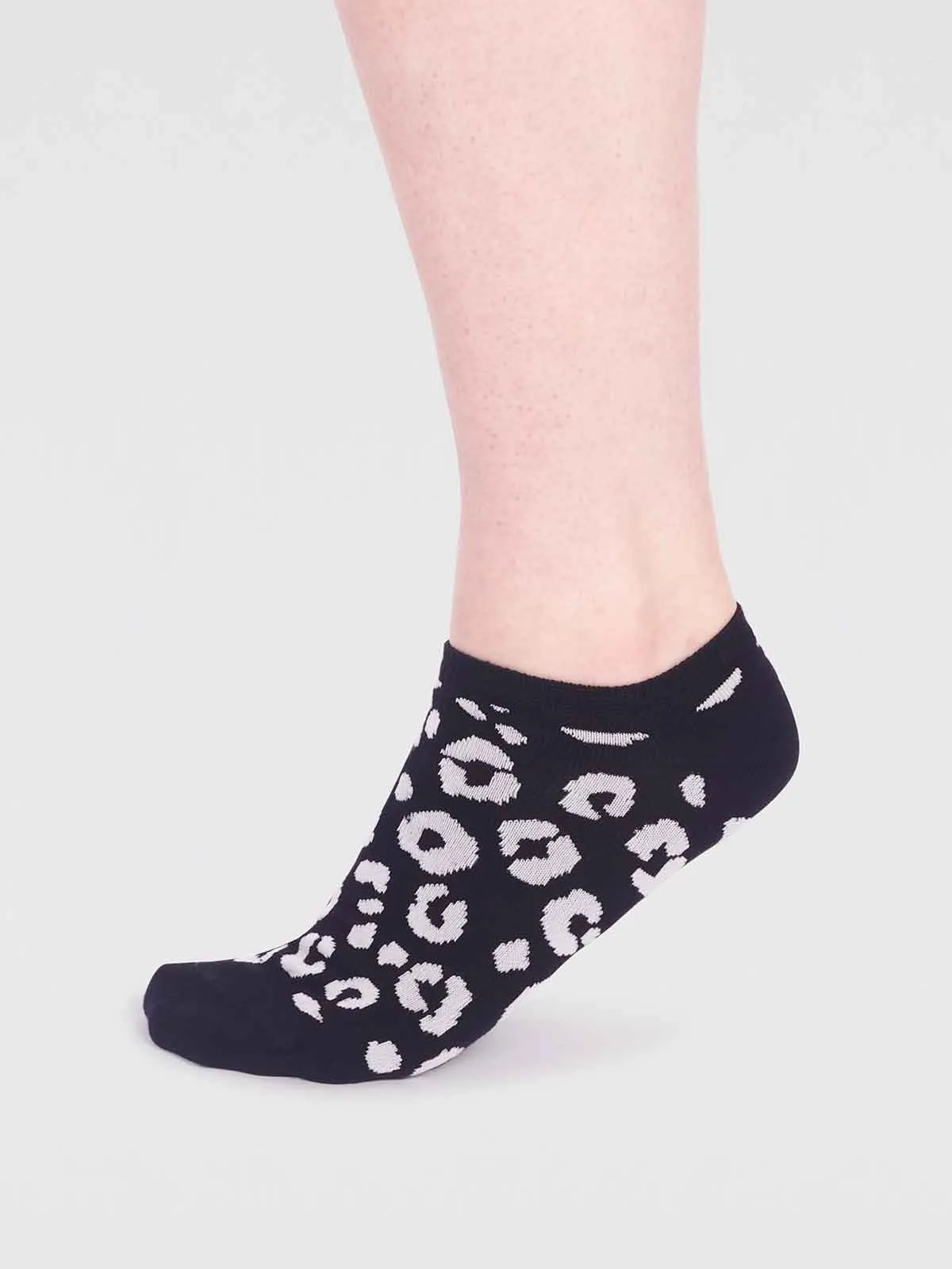 Reese Bamboo Leopard Trainer Socks in Black by Thought, Size 4-7