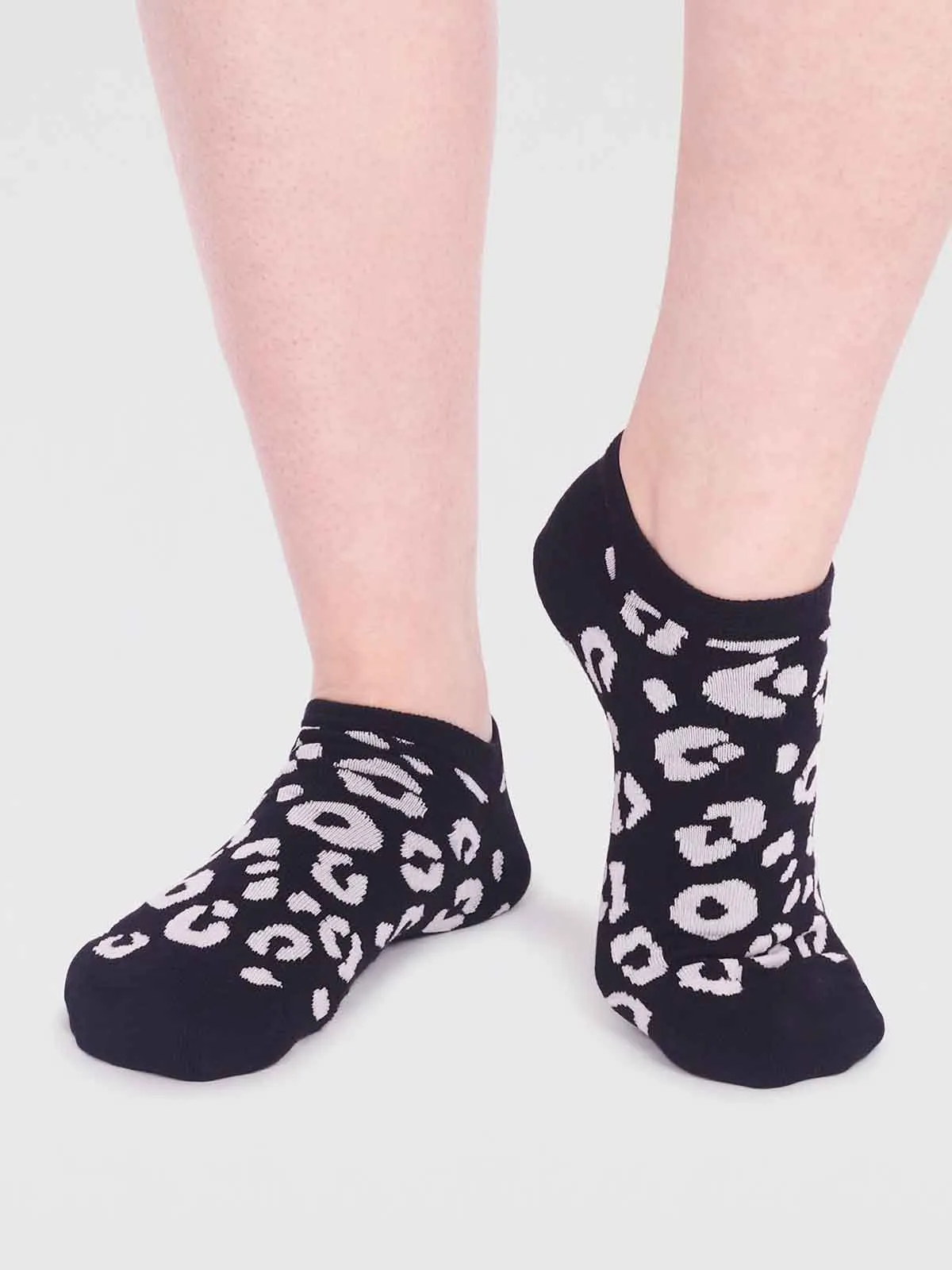 Reese Bamboo Leopard Trainer Socks in Black by Thought, Size 4-7