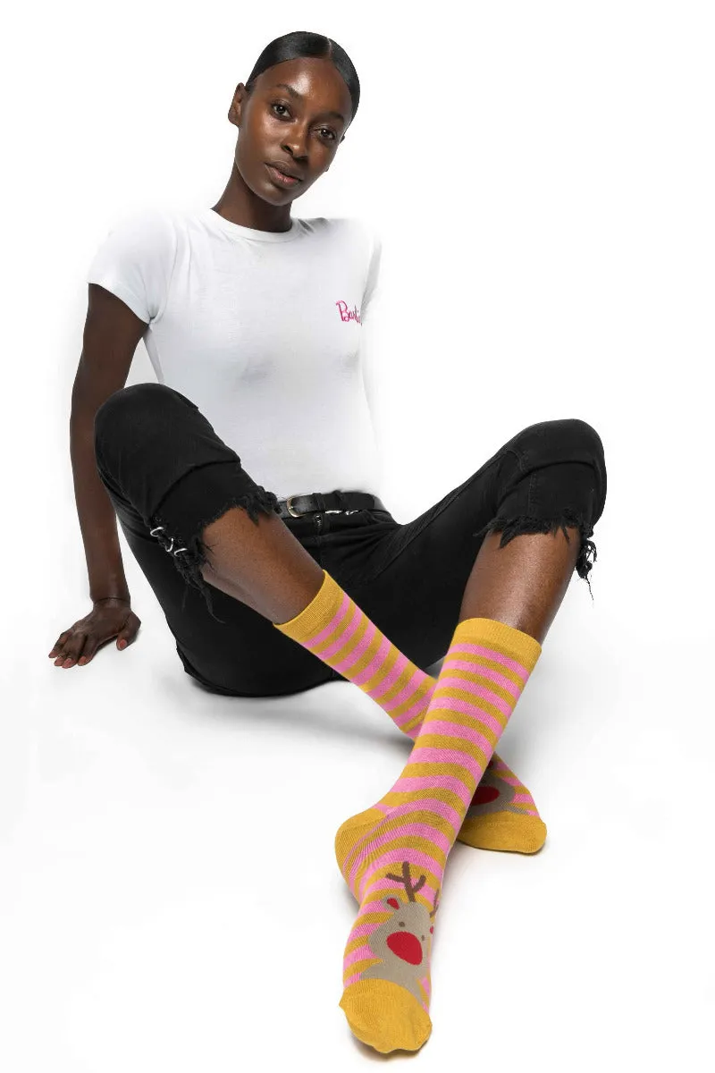 Reindeer Bamboo Socks in Mustard by Miss Sparrow, Size UK 4-7