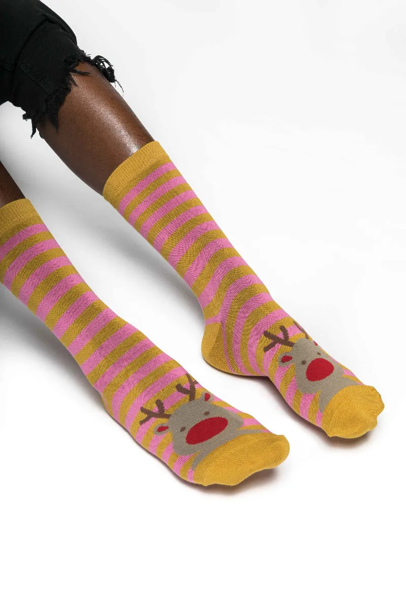 Reindeer Bamboo Socks in Mustard by Miss Sparrow, Size UK 4-7