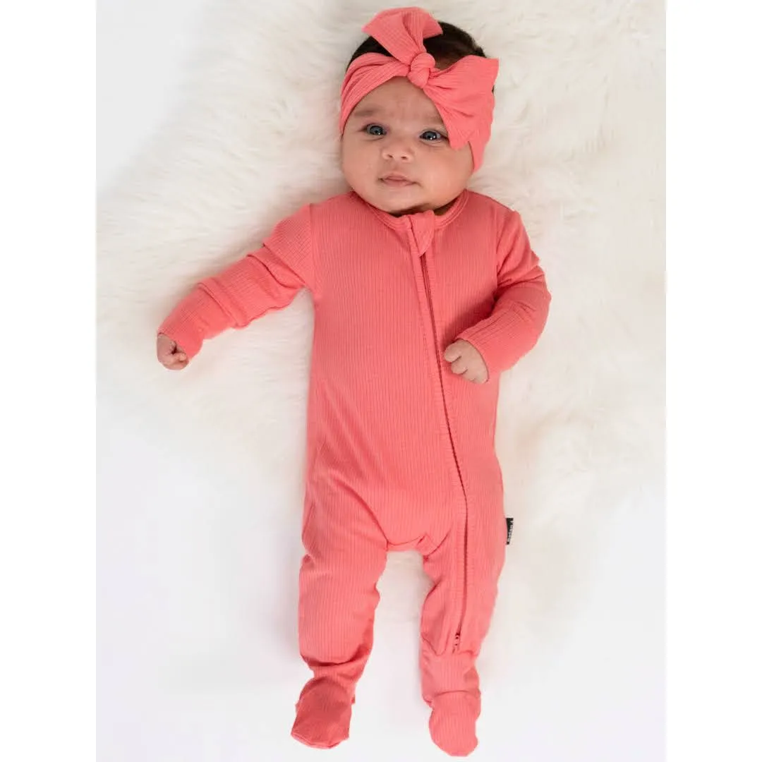 Ribbed Bamboo Footed Zipper Sleeper - Hot Pink