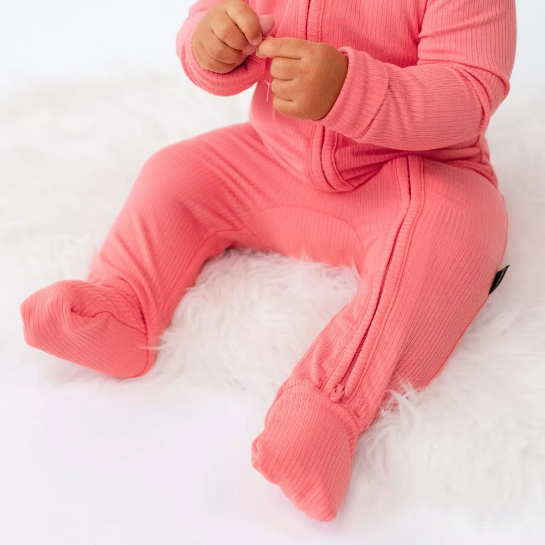 Ribbed Bamboo Footed Zipper Sleeper - Hot Pink