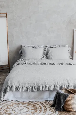 Ruffle Duvet Cover and Pillowcases Set - Light Gray