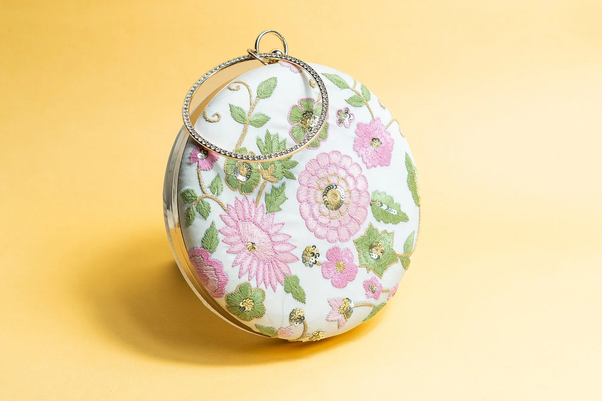 Rund hand made embroidery silk clutch bag detachable sling
