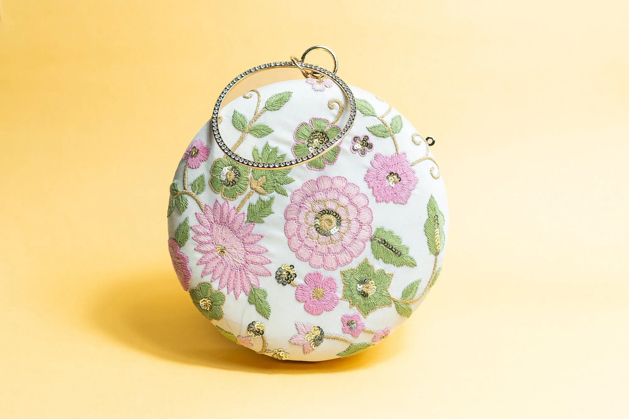 Rund hand made embroidery silk clutch bag detachable sling