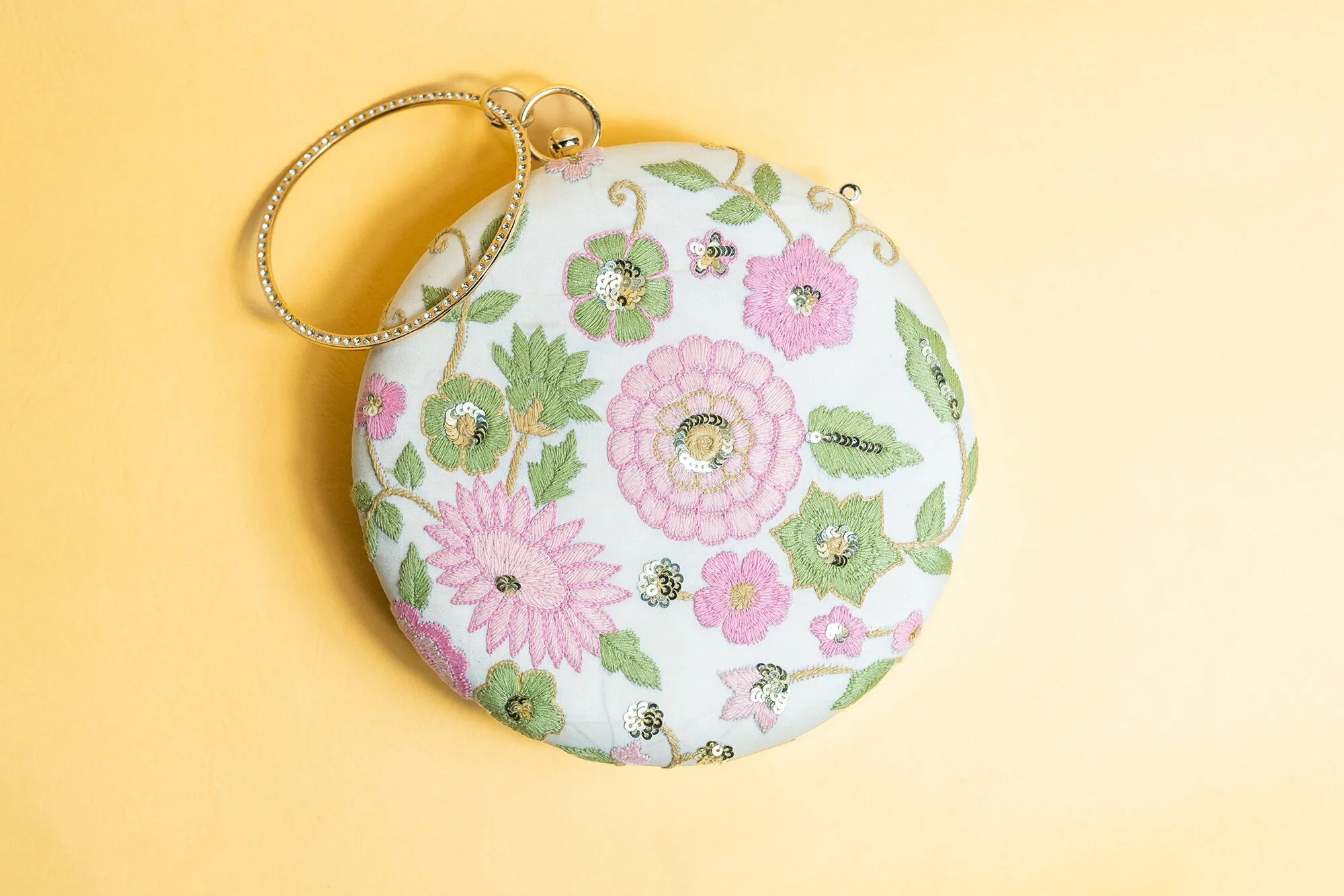 Rund hand made embroidery silk clutch bag detachable sling