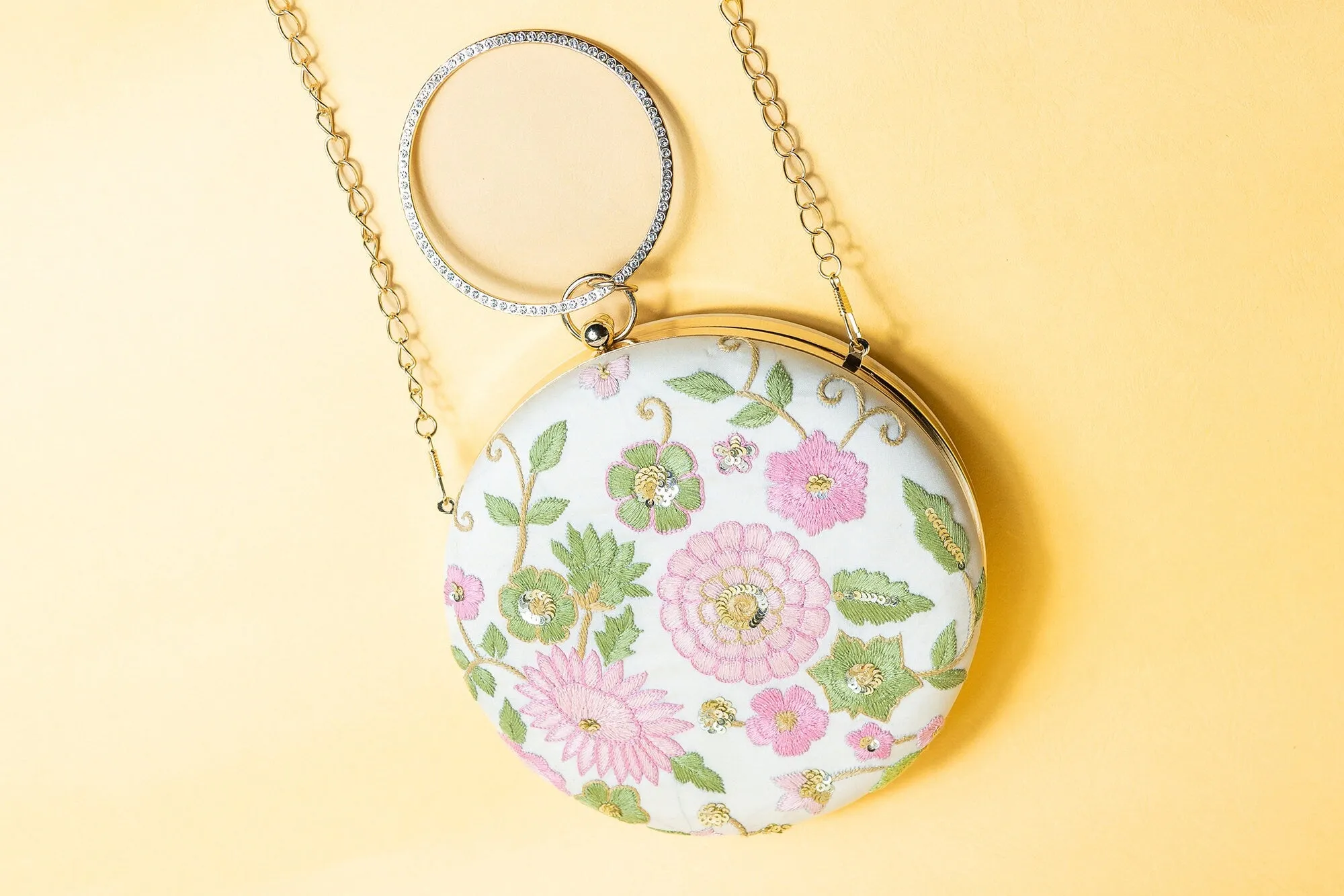 Rund hand made embroidery silk clutch bag detachable sling