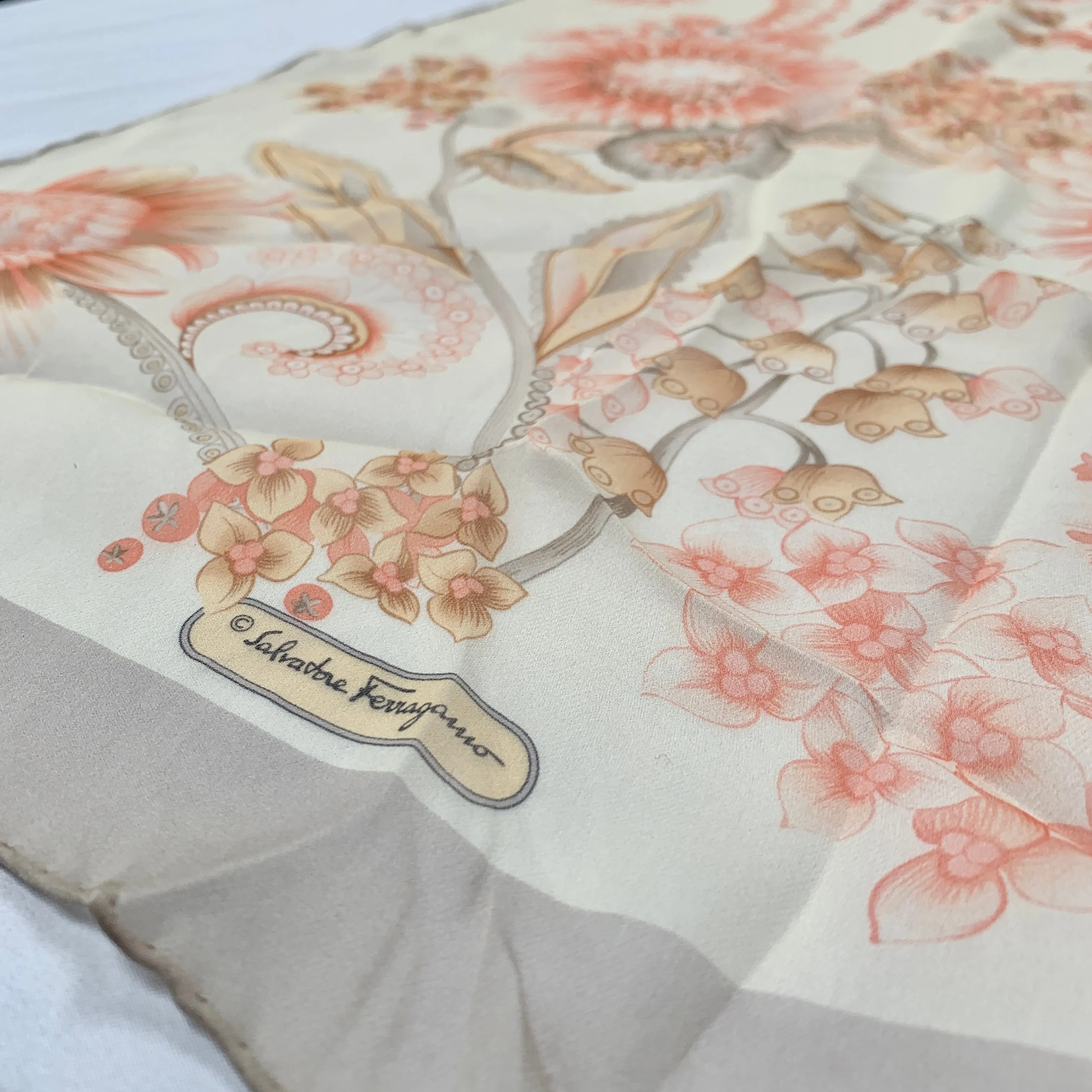 Salvatore Ferragamo Sunflower Floral Silk Scarf in Cream
