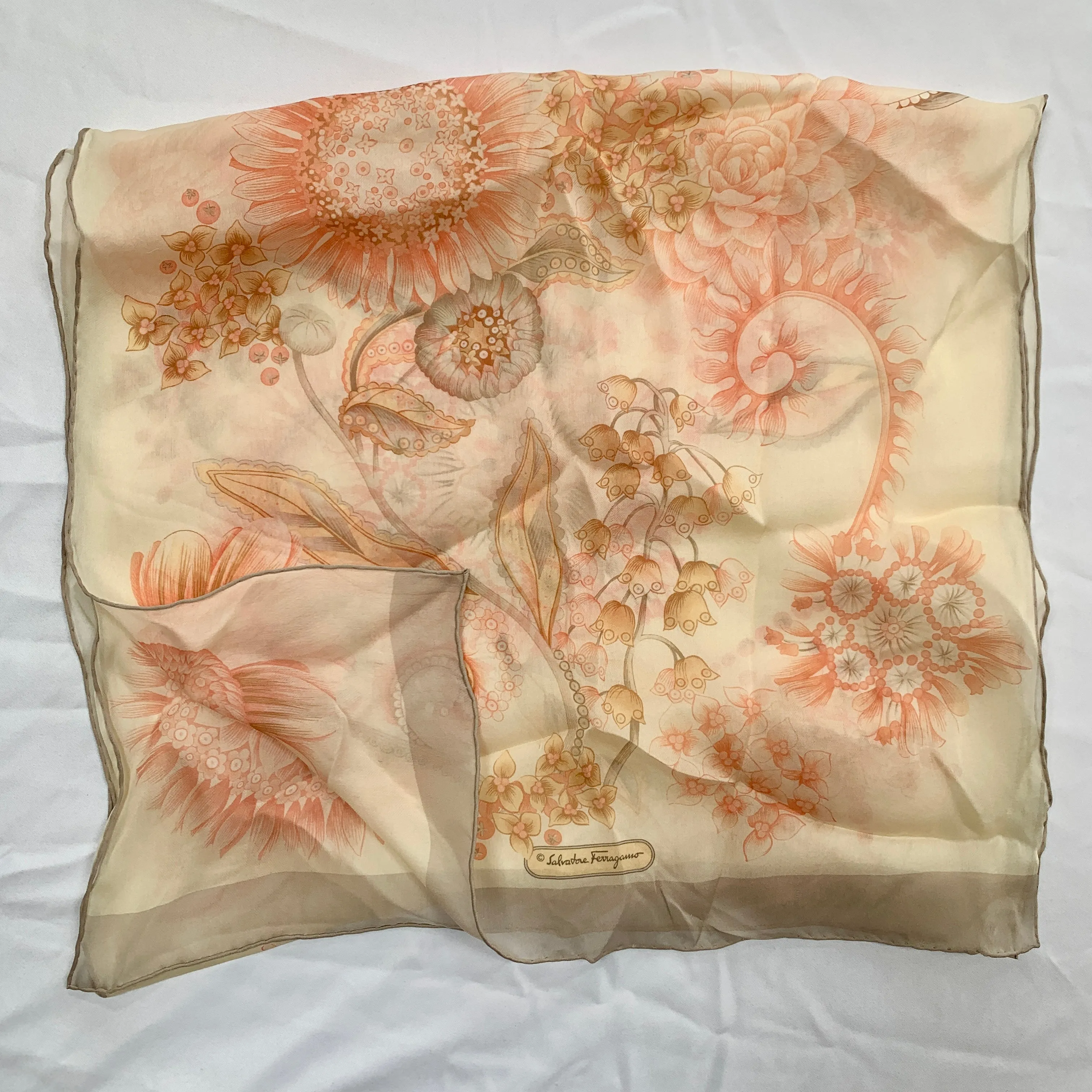 Salvatore Ferragamo Sunflower Floral Silk Scarf in Cream