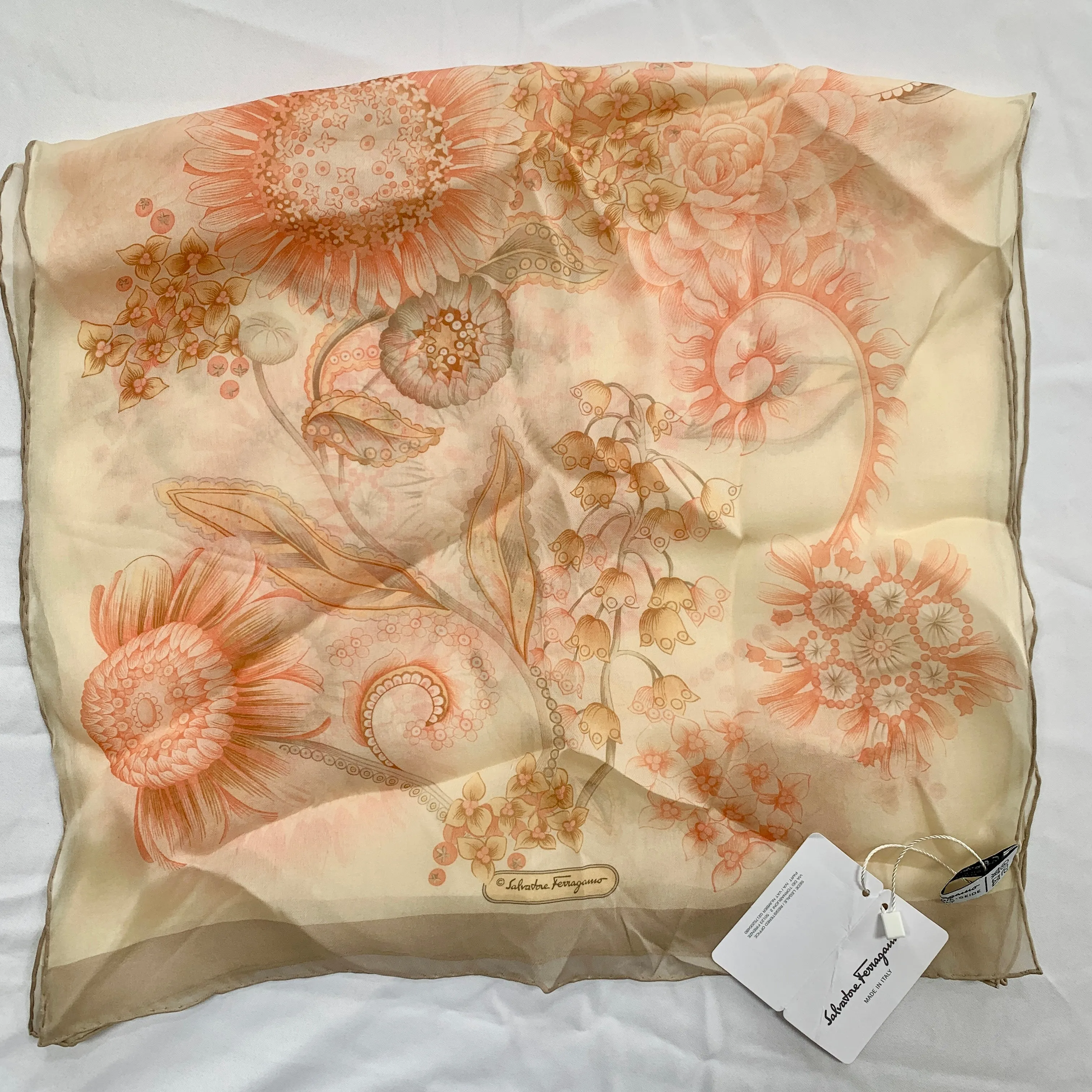 Salvatore Ferragamo Sunflower Floral Silk Scarf in Cream
