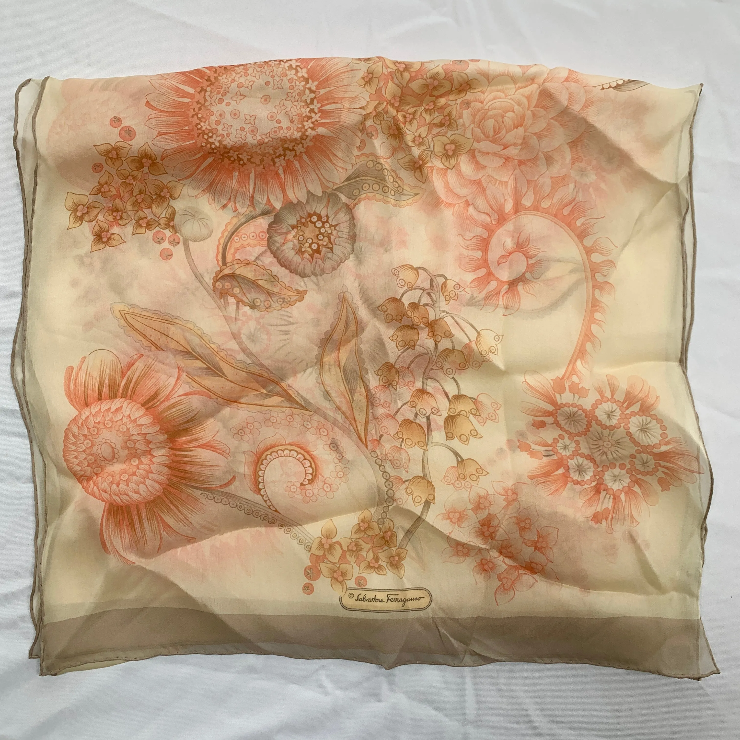 Salvatore Ferragamo Sunflower Floral Silk Scarf in Cream