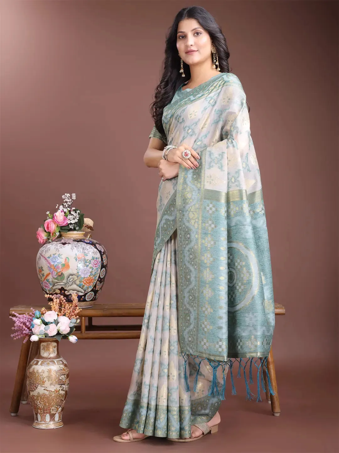 Sea Green Linen Cotton Saree