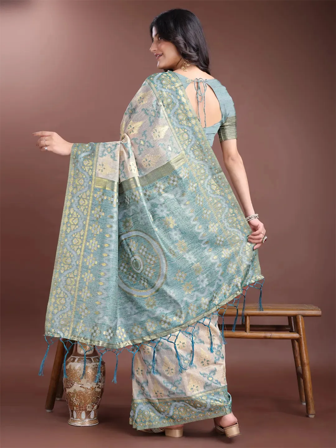 Sea Green Linen Cotton Saree
