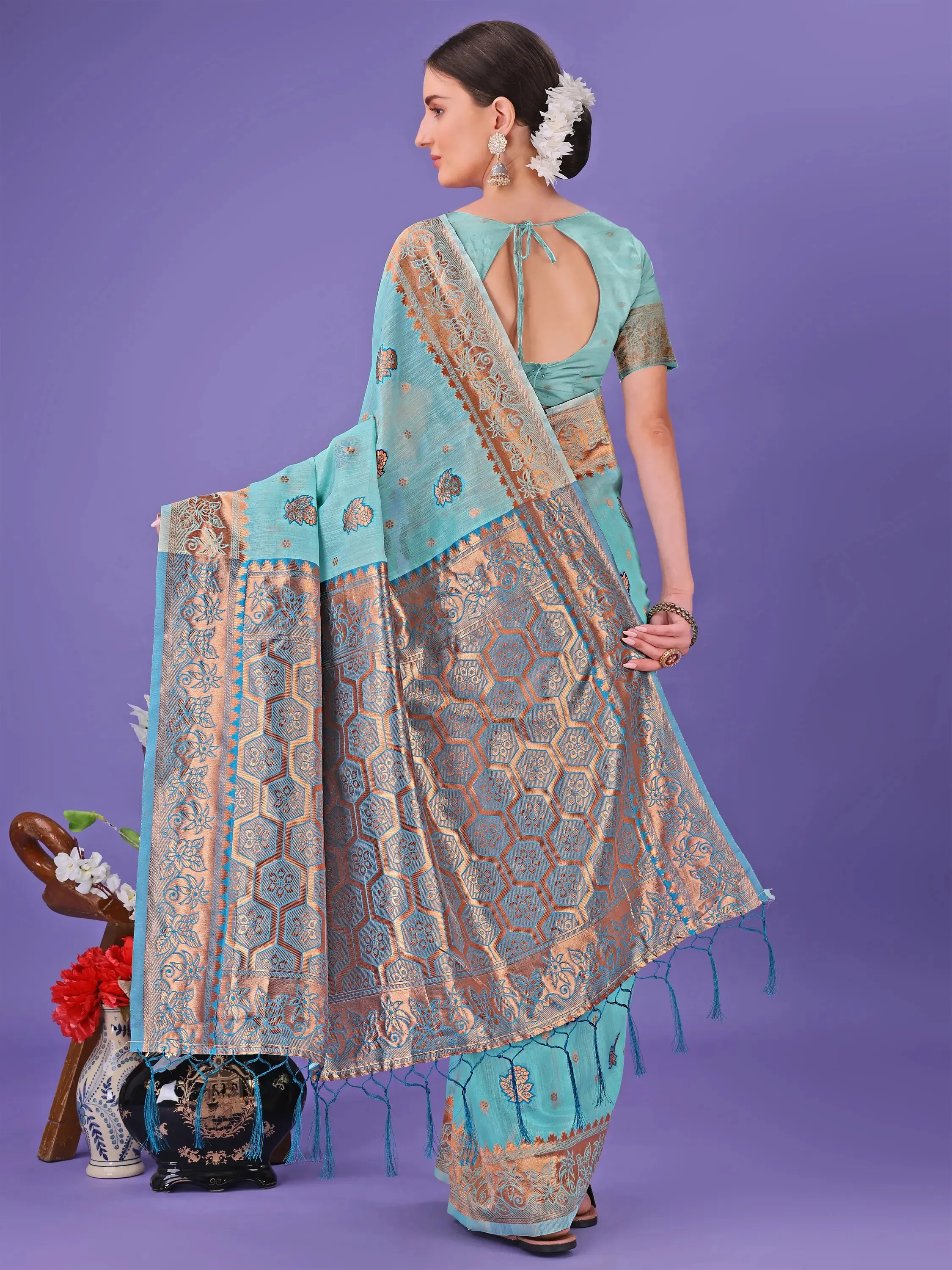 Sea Green Linen Cotton Saree