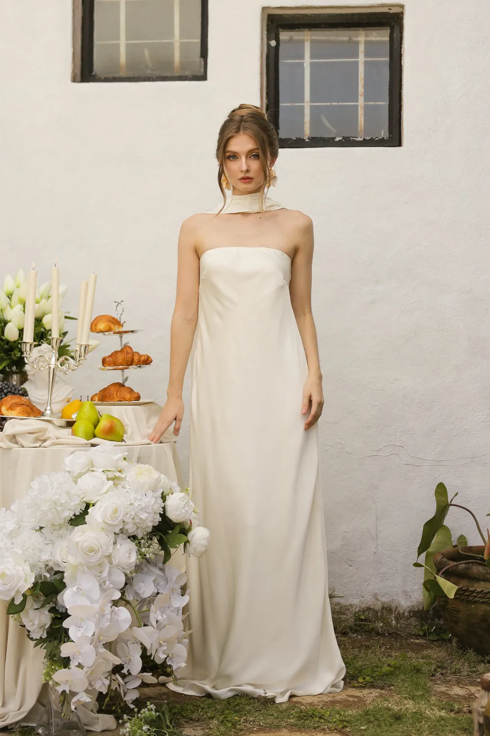 SELENA Strapless Flowy Maxi with Sash Neckpiece (Ivory Crepe Charmeuse Silk)