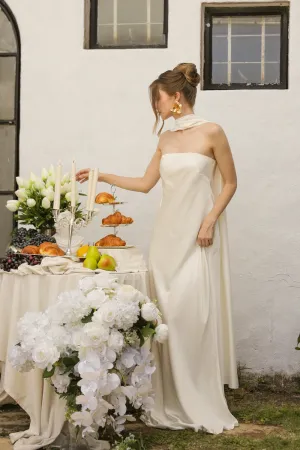 SELENA Strapless Flowy Maxi with Sash Neckpiece (Ivory Crepe Charmeuse Silk)