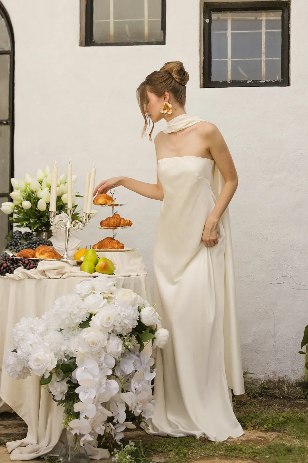 SELENA Strapless Flowy Maxi with Sash Neckpiece (Ivory Crepe Charmeuse Silk)