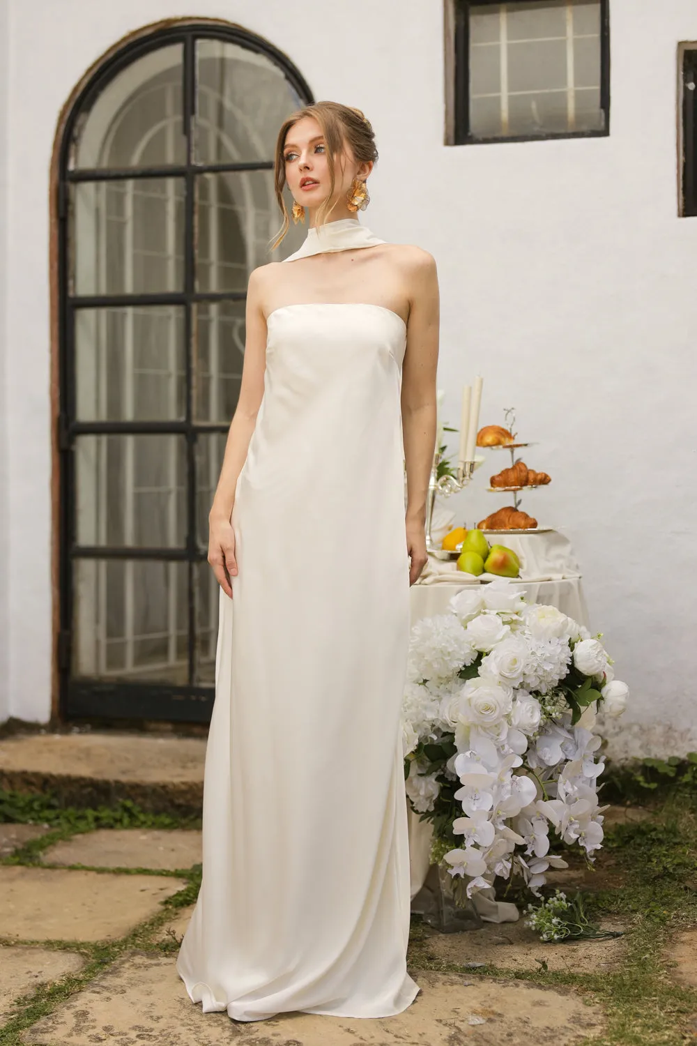 SELENA Strapless Flowy Maxi with Sash Neckpiece (Ivory Crepe Charmeuse Silk)