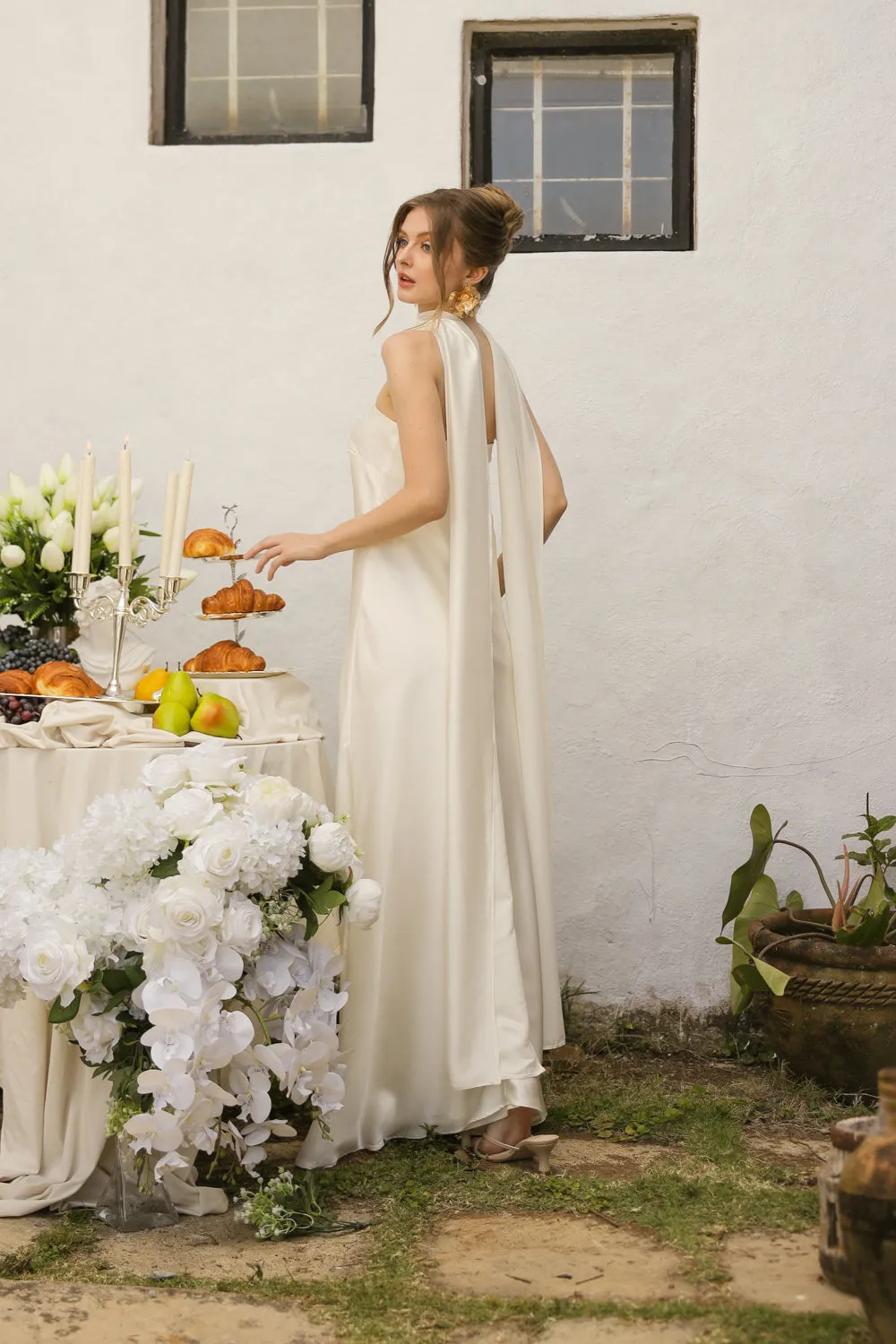 SELENA Strapless Flowy Maxi with Sash Neckpiece (Ivory Crepe Charmeuse Silk)