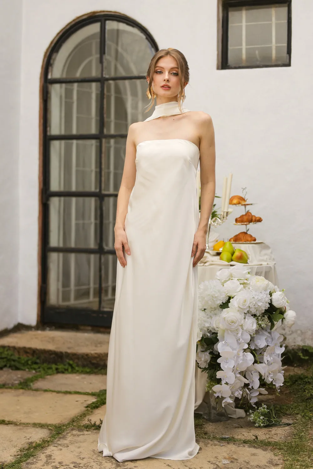 SELENA Strapless Flowy Maxi with Sash Neckpiece (Ivory Crepe Charmeuse Silk)