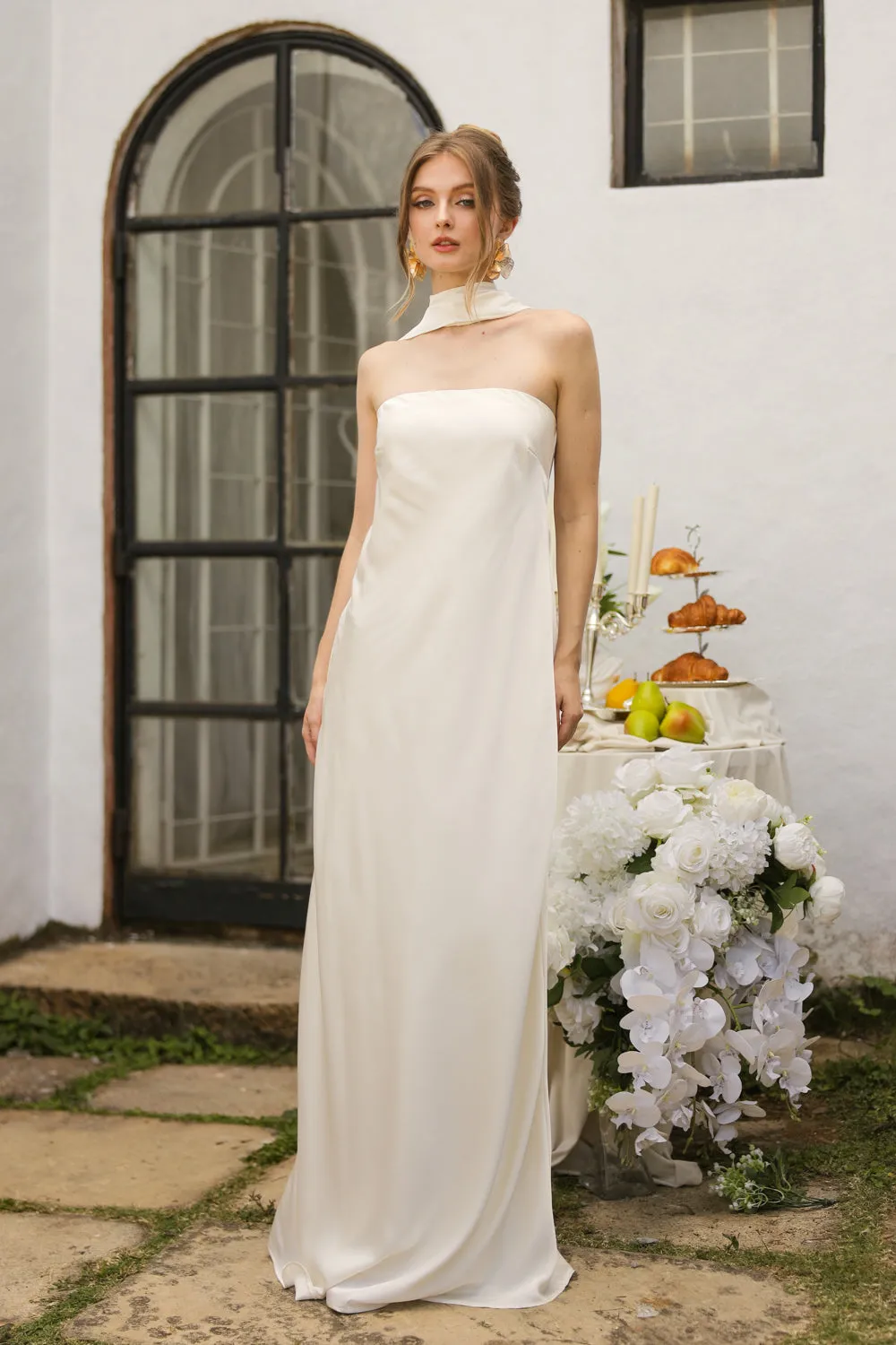 SELENA Strapless Flowy Maxi with Sash Neckpiece (Ivory Crepe Charmeuse Silk)