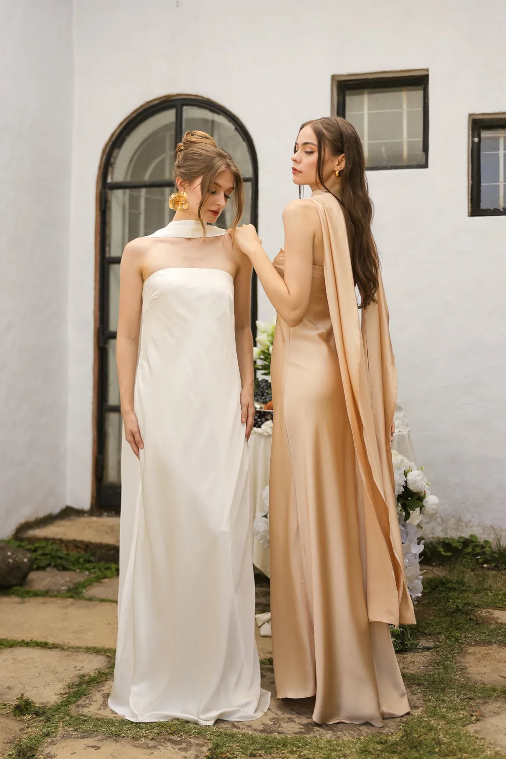 SELENA Strapless Flowy Maxi with Sash Neckpiece (Ivory Crepe Charmeuse Silk)