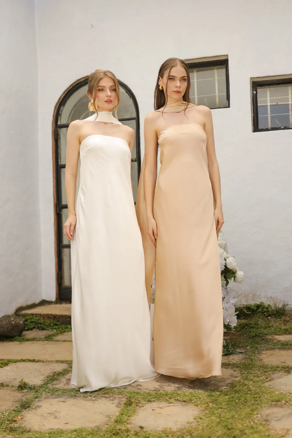 SELENA Strapless Flowy Maxi with Sash Neckpiece (Ivory Crepe Charmeuse Silk)