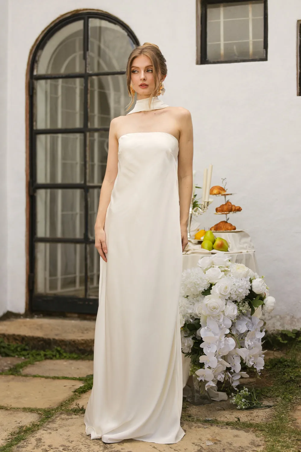 SELENA Strapless Flowy Maxi with Sash Neckpiece (Ivory Crepe Charmeuse Silk)