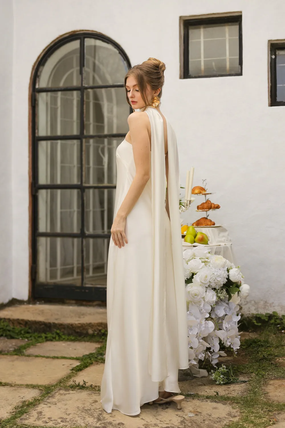 SELENA Strapless Flowy Maxi with Sash Neckpiece (Ivory Crepe Charmeuse Silk)