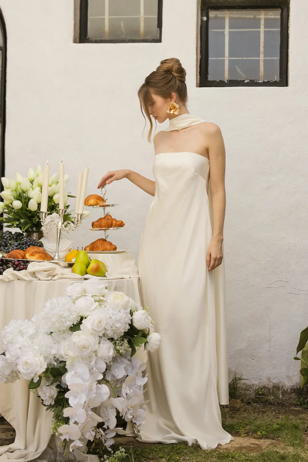 SELENA Strapless Flowy Maxi with Sash Neckpiece (Ivory Crepe Charmeuse Silk)