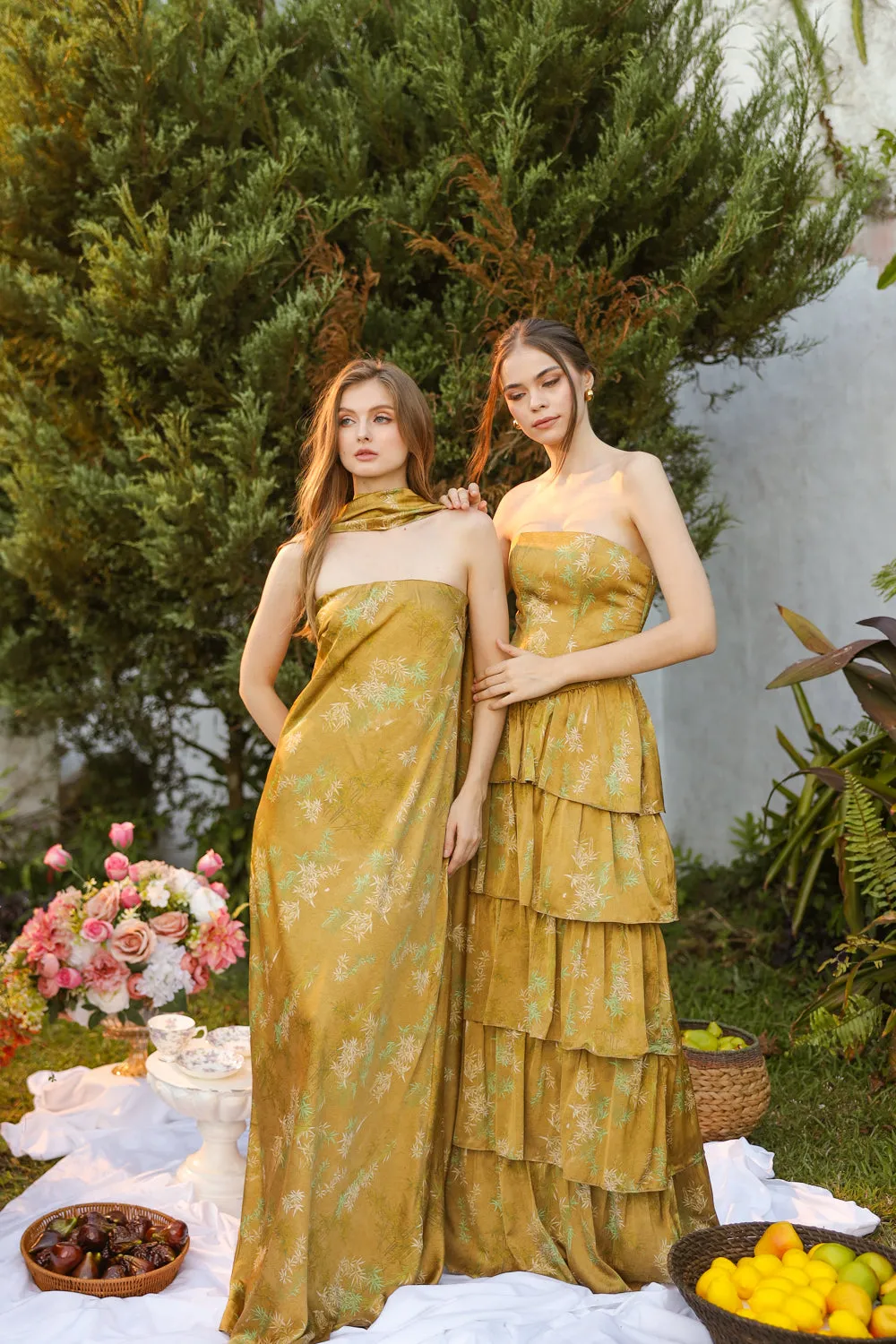 SELENA Strapless Flowy Maxi with Sash Neckpiece (Olive Floral Silk) SAME DAY DELIVERY - SMALL