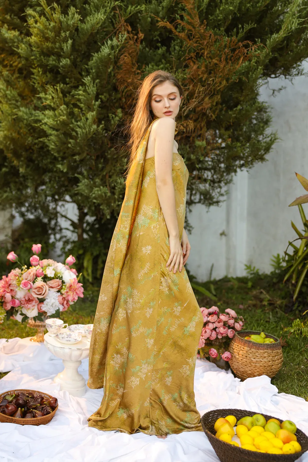 SELENA Strapless Flowy Maxi with Sash Neckpiece (Olive Floral Silk) SAME DAY DELIVERY - SMALL