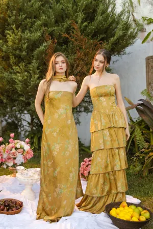 SELENA Strapless Flowy Maxi with Sash Neckpiece (Olive Floral Silk) SAME DAY DELIVERY - SMALL