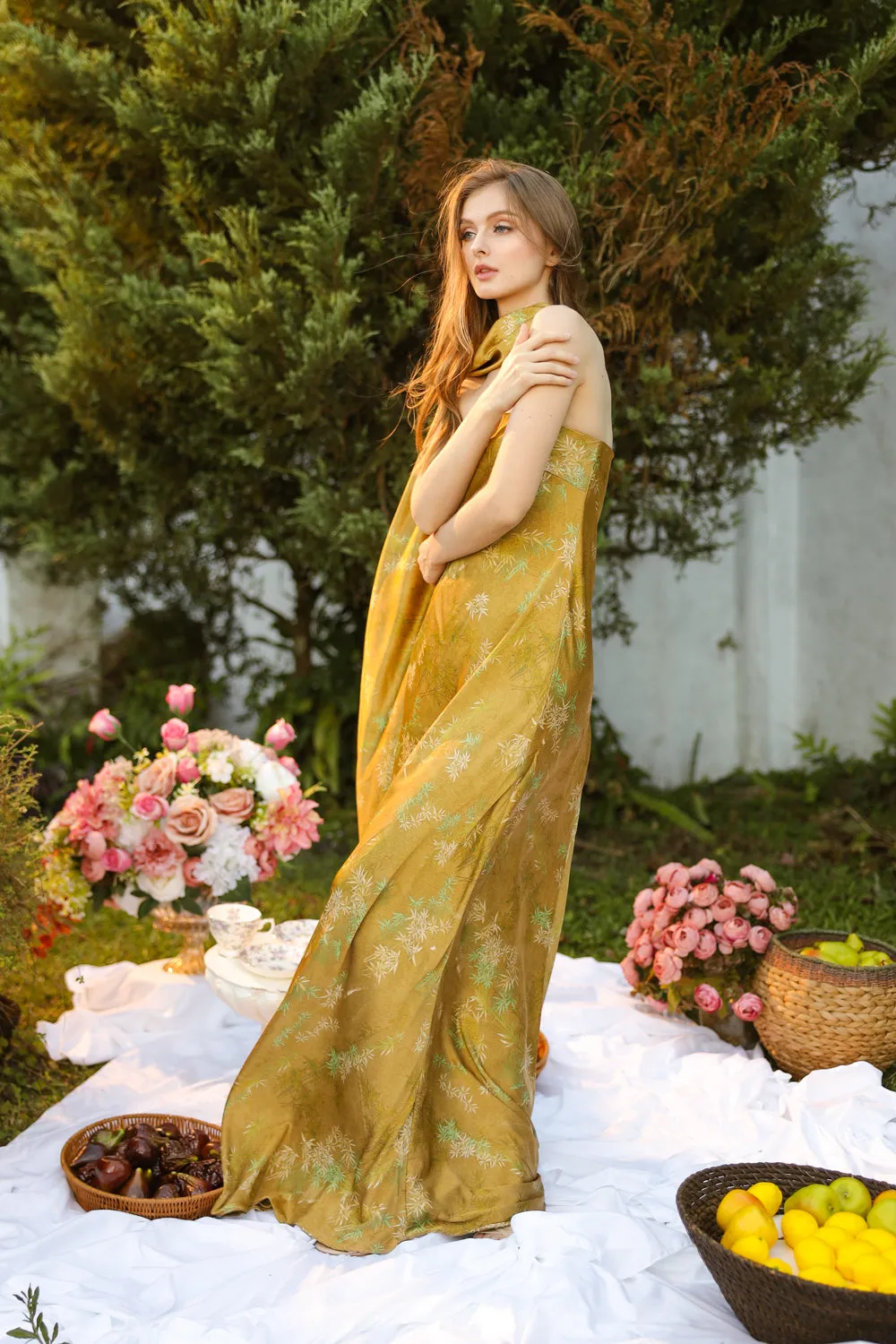 SELENA Strapless Flowy Maxi with Sash Neckpiece (Olive Floral Silk) SAME DAY DELIVERY - SMALL