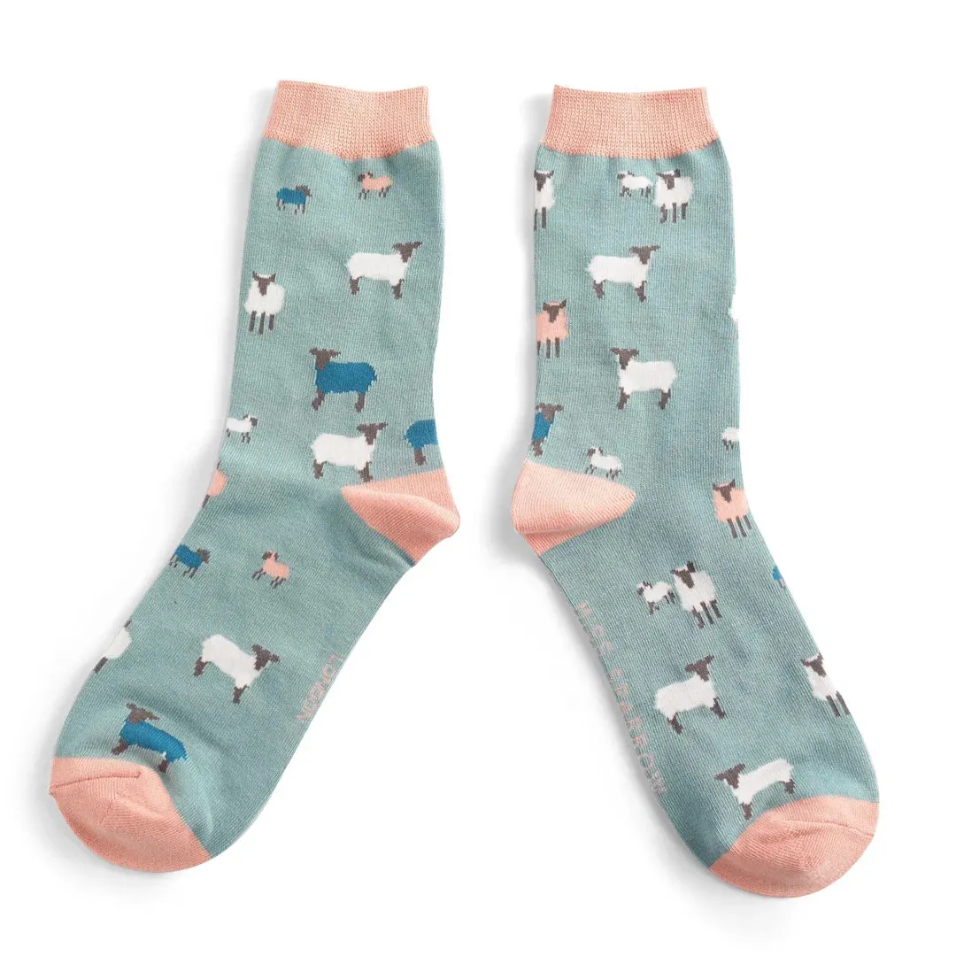 Sheep Family Bamboo Socks in Duck Egg by Miss Sparrow, Size UK 4-7