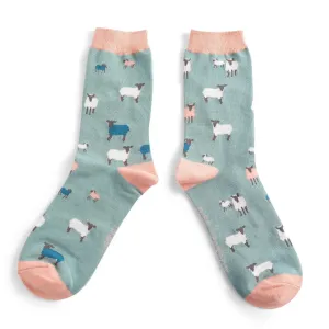 Sheep Family Bamboo Socks in Duck Egg by Miss Sparrow, Size UK 4-7