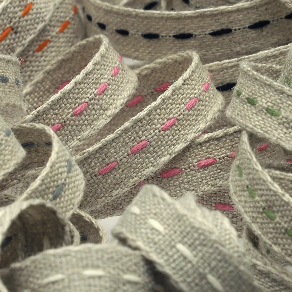 Single Stitched Linen Ribbon #4 Ecru & Indigo