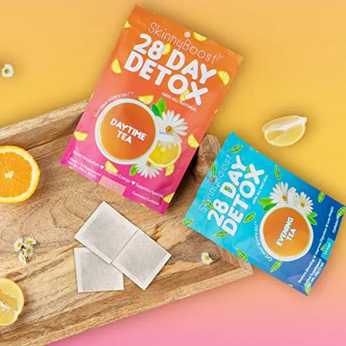 Skinny Boost Tea Kit-2 Pack with Free Palm Tumbler- 2 Daytime Teas (28 Bags/Pouch) 2 Evening Detox Teas (14 Bags/Pouch) Non GMO, Vegan, All Natural Detox and Cleanse